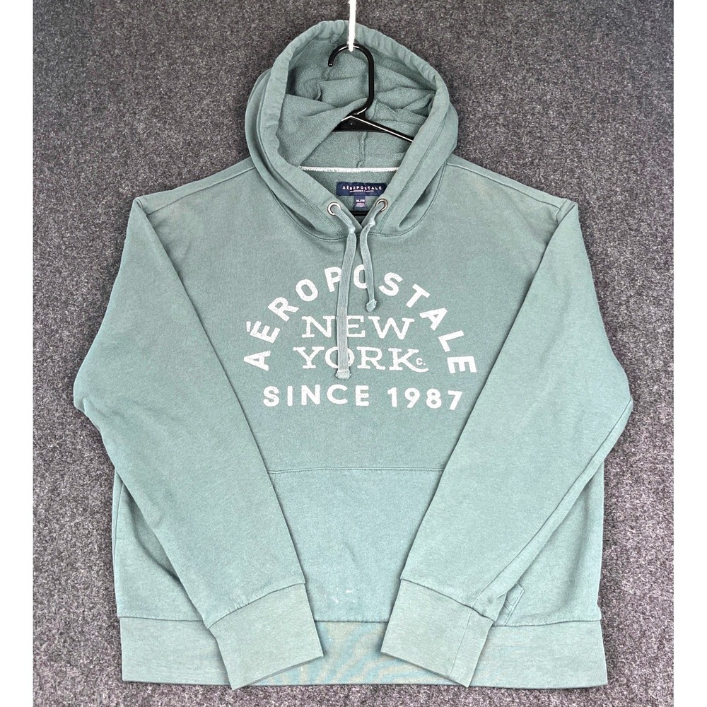 Y2K Aeropostale Graphic Hoodie Mens XL Sage Green New York 1987 Pullover